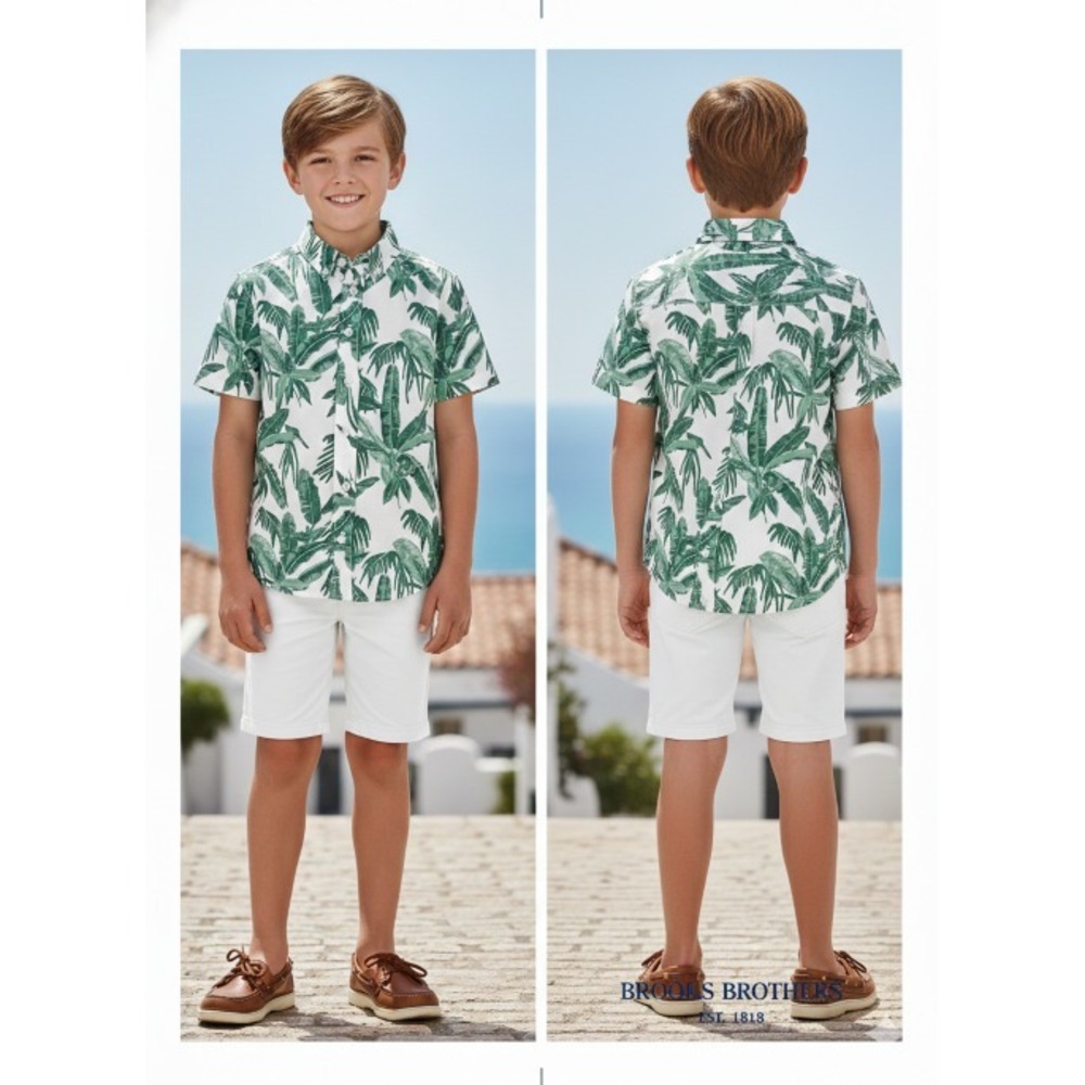 Brooks Brothers Big Boys Oxford Button-Down Palm Tree Shirt Size 18Y White/Green